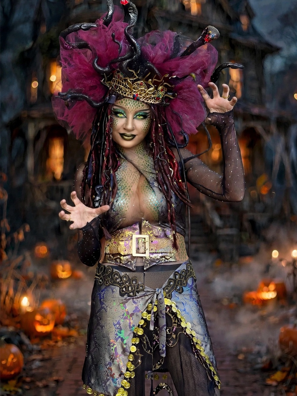 Medusa 7 Piece Costume, Headpiece Wig, Snake, Staff, handmade adult costume